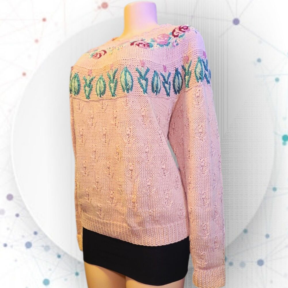 Vintage Cape Isle Knitters Hand Knit Pink Floral Sweater Cottagecore Ramie L